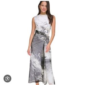 DKNY Black and White Side Rouched Maxi Dress
